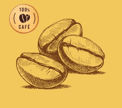 Grãos de café Café Pelé desenhados em fundo amarelo